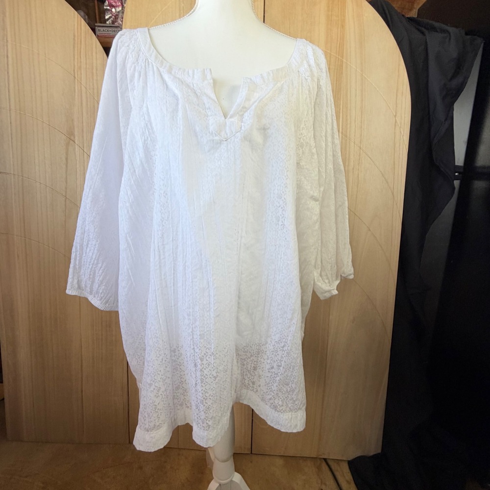 Eddie Bauer Peasant Top XL White Embroidered Pintuck Split Neck Boho Blouse